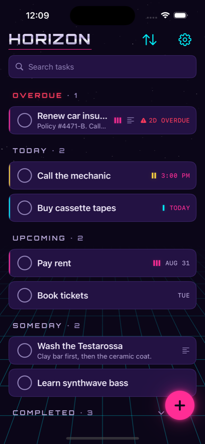 On the Horizon's main Horizon screen: tasks grouped into Overdue, Today, Upcoming and Someday on a dark purple sky above a cyan perspective grid