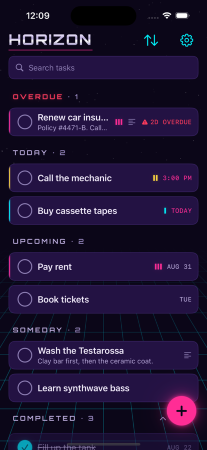 The Horizon list with the Completed section expanded, showing finished tasks struck through