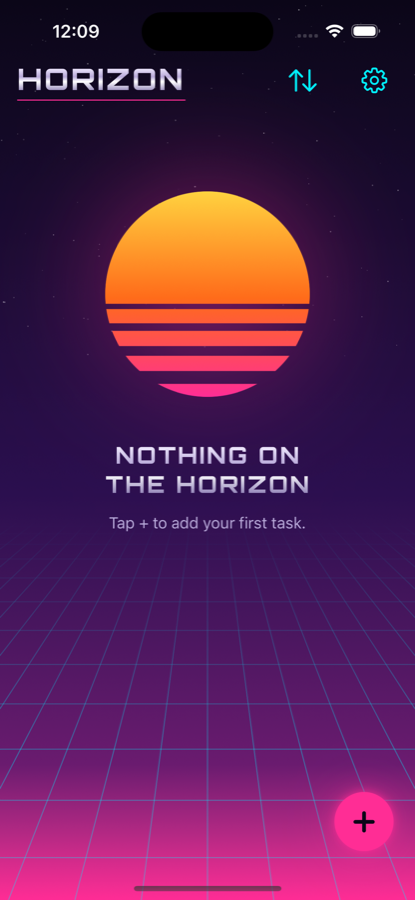 The empty Horizon screen: a slatted neon sun over the words NOTHING ON THE HORIZON and Tap + to add your first task