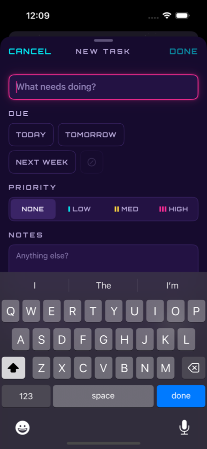 The New Task screen with the title field focused and the placeholder 'What needs doing?', plus priority and due-date quick picks