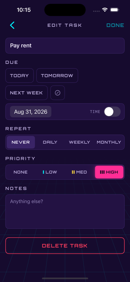 The task editor showing the Repeat section with daily, weekly and monthly options